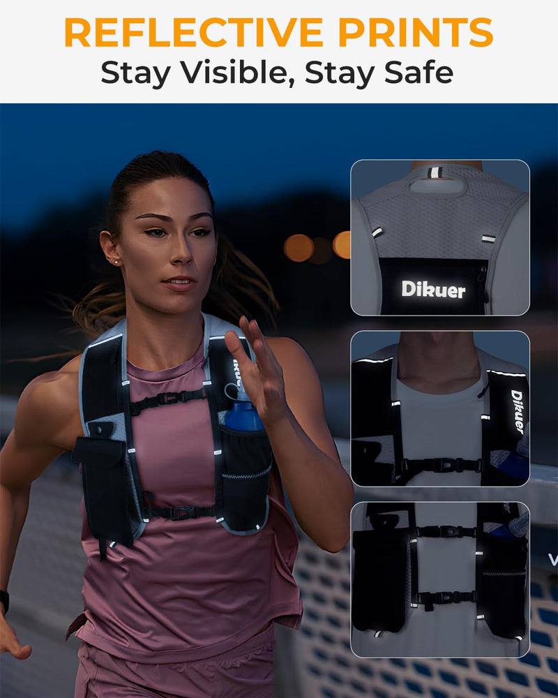 Running Vest for Women Men, Lightweight Hydration Runner Vest with Transparent Waterproof Phone Pocket, 17oz Soft Flask, Adjustable Chest Straps Reflective Backpack for Hiking Cycling Jogging Grey