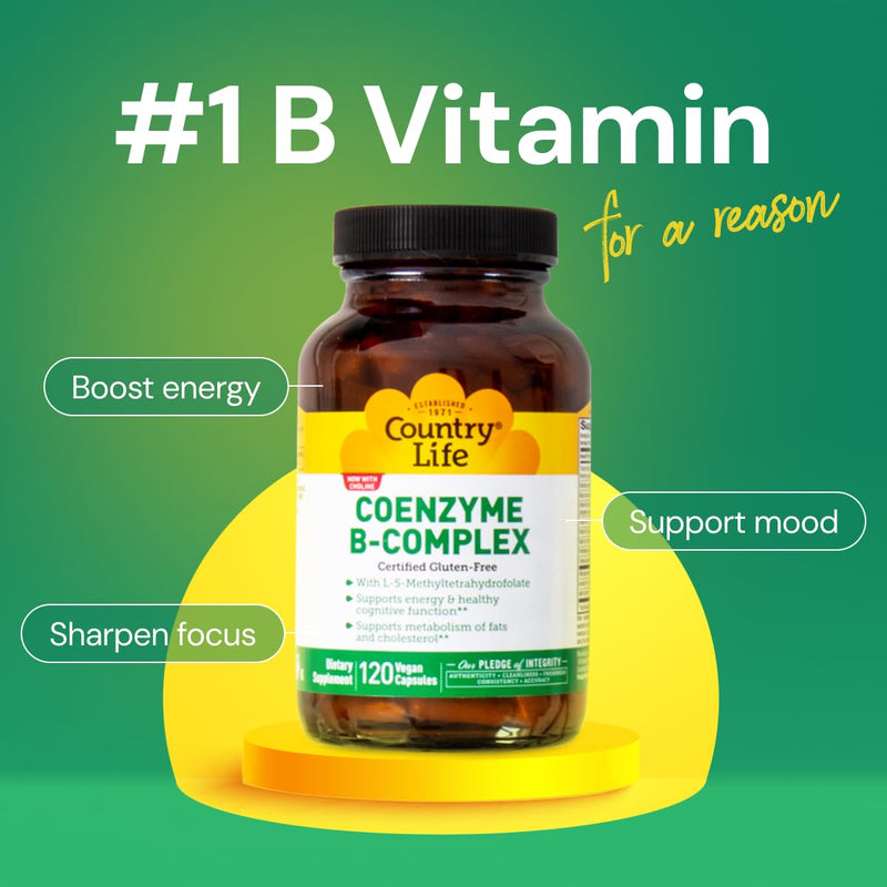Country Life Coenzyme B-Complex, 120 Capsules | Supports energy production, mood and cognitive function with bioavailable B vitamins and choline Unflavored 120 Count (Pack of 1)