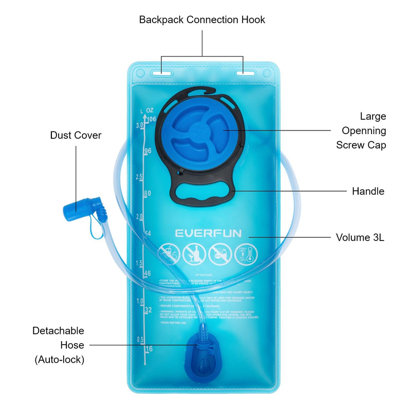 EVERFUN Hydration Bladder 2L/3L Water Reservoir for Hiking Backpack, Leak Proof Water Bladder with Detachable Hose & High Flow Ergonomic Bite Valve, Water Pouch for Cycling, Running 3 L / 100 oz