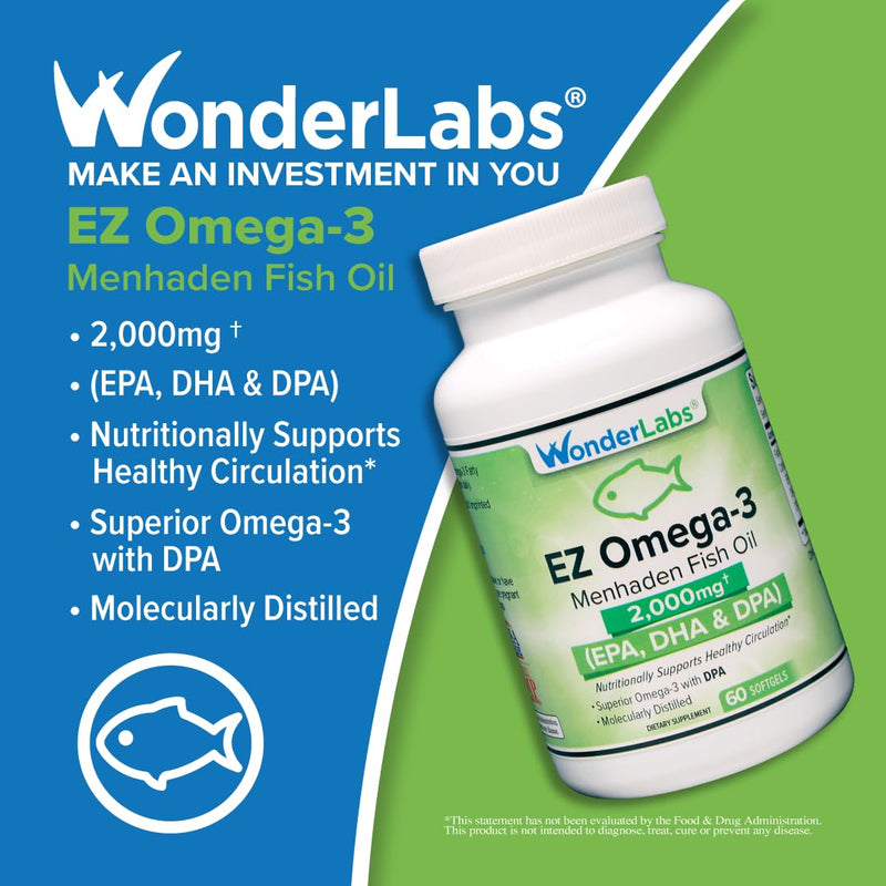 Wonder Laboratories EZ Omega-3 Atlantic Menhaden Fish Oil Supplement 2000 mg, Burpless, Made in The USA, Perfect Balance of EPA+ DHA + DPA 180 Softgels
