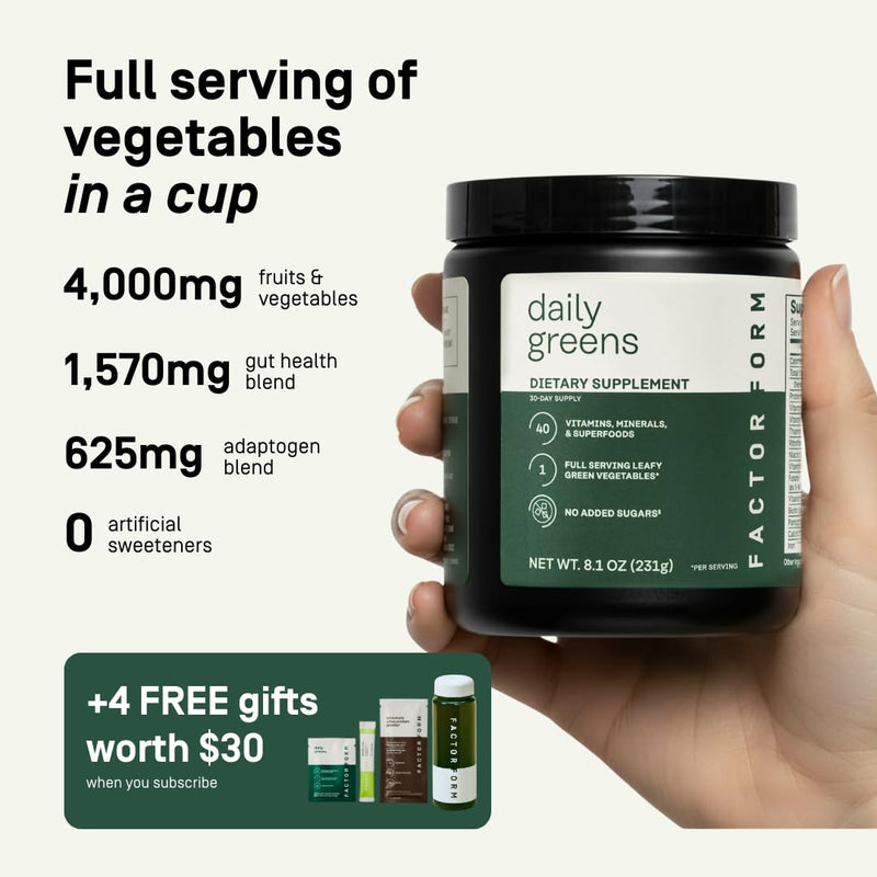 FACTOR FORM Daily Greens Superfood Powder | 5 Functional Blends for Gut Health, Energy & Immunity | Prebiotics, Probiotics, Adaptogens, B Vitamins (30 Servings, Jar) 8.1 Ounce (Pack of 1)
