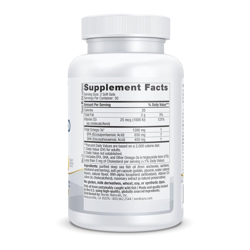 Nordic Naturals ProOmega-D Fish Oil, 1280 mg + 1000 IU D3-60 Softgels | High-potency EPA & DHA fish oil plus vitamin D3 for brain, eye, heart & immune health. 1280 mg omega-3 + 1000 IU D3. Non-GMO Lemon 60 Count (Pack of 1)