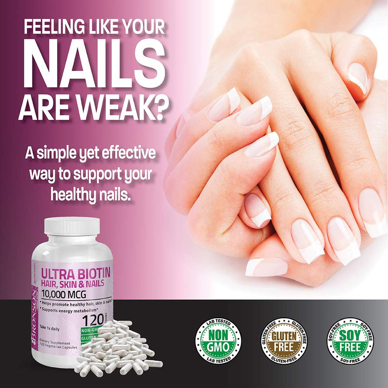 Bronson Ultra Biotin 10,000 mcg Hair, Skin & Nails, 120 Vegetarian Capsules | Once-Daily, Energy Metabolism Support, Non-GMO, Gluten-Free & Soy-Free 120 Count (Pack of 1)