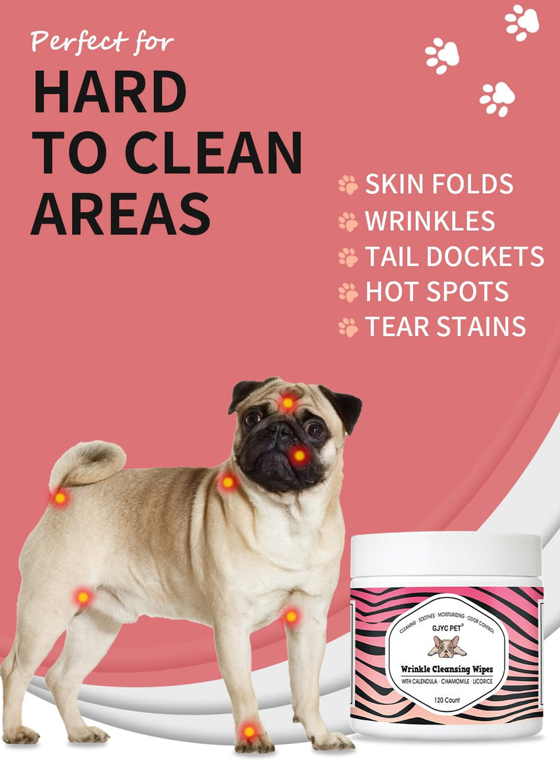Natural Wrinkle Wipes for Dogs, 120 Count, Hypoallergenic Dog Wipes, Wrinkle Wipes French Bulldog, Cleaning & Deodorizing, Dog Wipes for Grooming Faces,Tear Stain,Paws & Butts