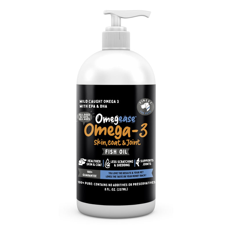 100% Pure Fish Oil for Dogs & Cats (1,545mg Omega 3 per Teaspoon) 8oz. Loaded with EPA & DHA for Joints, Skin & Coat, Itching, Heart & Immune Health. Stronger Than Salmon Oil. Unflavored Omegease. 8 Fl Oz