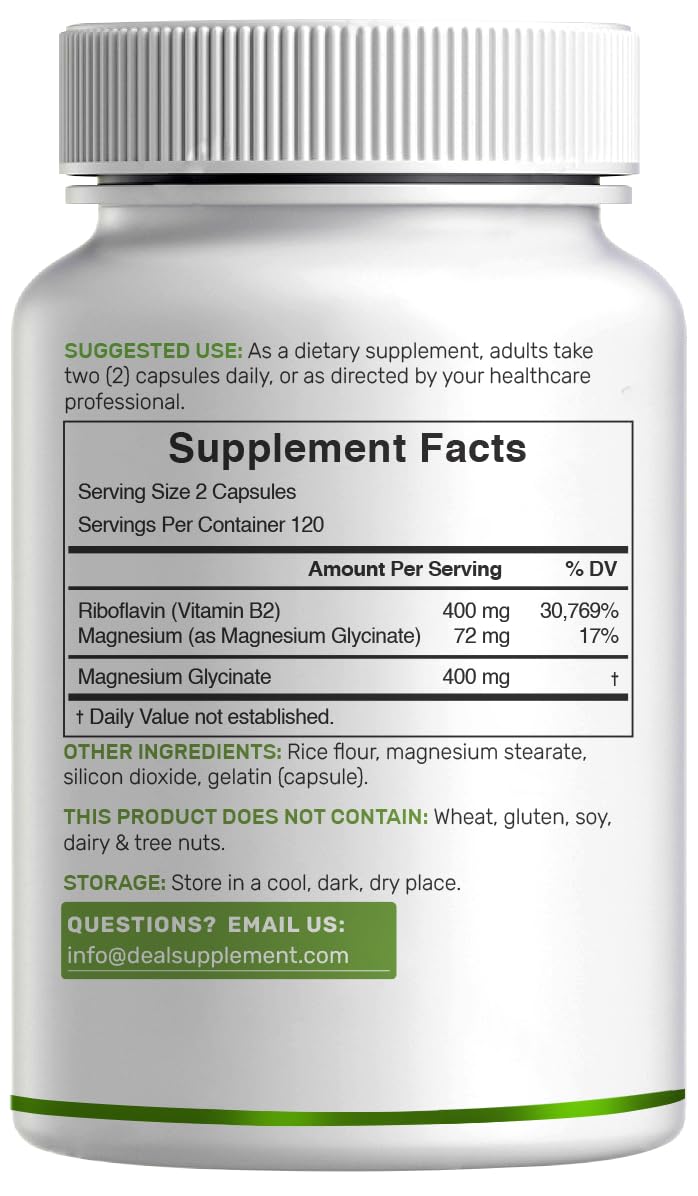 DEAL SUPPLEMENT Vitamin B2 400mg (Riboflavin) | with Magnesium Glycinate 400mg, 240 Capsules – 2 in 1 Support Healthy Nervous System, Mood, Blood & Energy Production, Non-GMO
