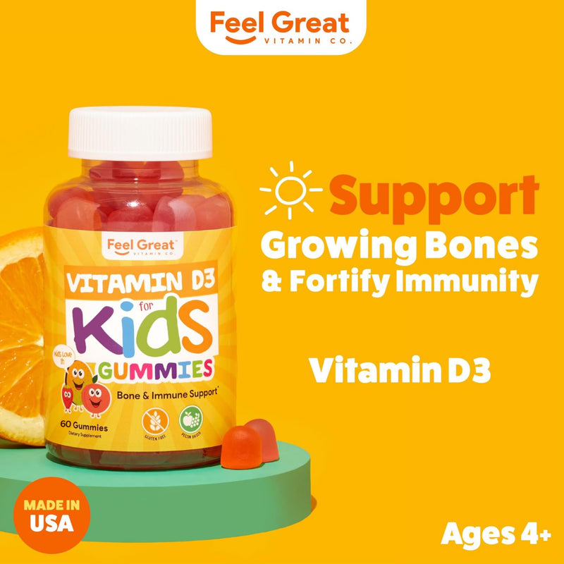 Vitamin D3 + K2 1000IU Gummy Vitamins for Kids (60 Day Supply) by Feel Great Vitamin Co | 60 Gummies | Delicious Plant Based Gummies | Supports Healthy Bones, Teeth, Mood, Immune System* | Vitamin D3 for Immune & Bone Support, Citrus Flavor, Vegetarian...