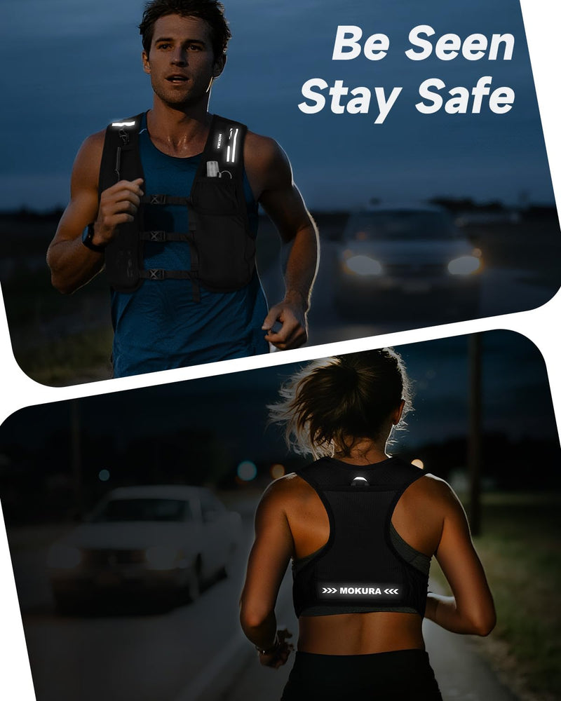 MOKURA Running Vest for Women Men, Reflective Hydration Vest with 500ML Soft Flask and Phone Holder, Adjustable Running Backpack, Lightweight Run Pack Water Bottle, Runner Marathon Essentials Medium