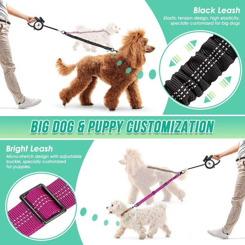 Two Dog Lead, 2 in 1 Upgraded Double Dog Leash Attachment Combine Adjustable Strap and Shock Absorbing Bungee No Tangle Dual Training Splitter for Different Size Dogs Fuchsia - Medium - BeesActive Australia