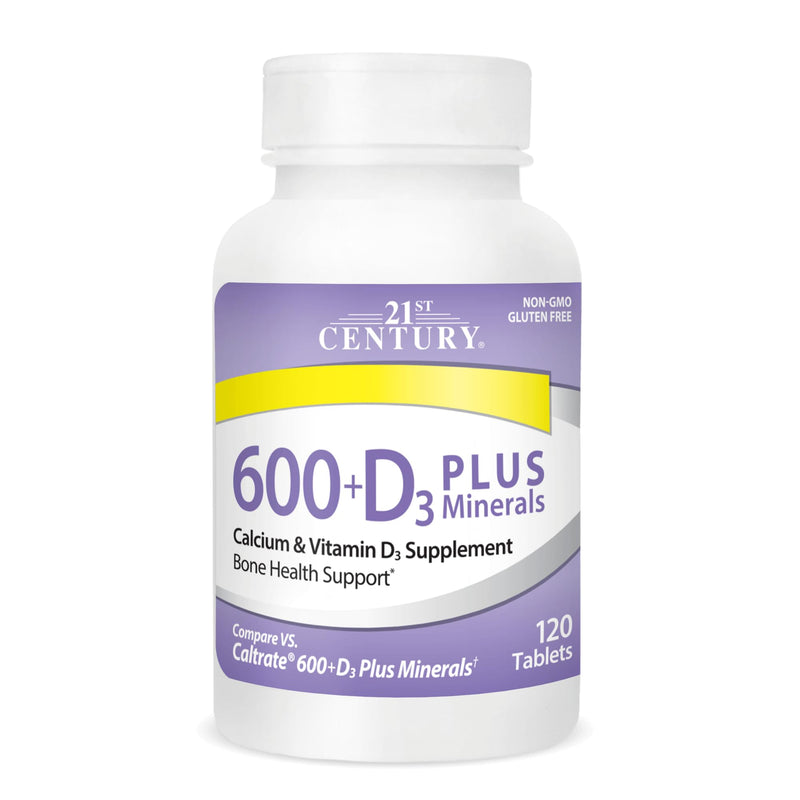 21st Century Calcium 600 Plus D Plus Minerals Caplets, Bone & Joint, 120 | Calcium 600 mg with Vitamin D3 & Essential Minerals, Compare VS. Caltrate® 600+D3 Plus Minerals, Bone, Joint & Muscle Support