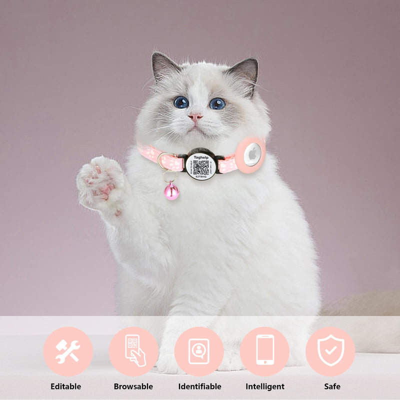 AirTag Cat Collar with Smart id tag, Cat Tracker Collar with Air Tag Holder, Safety Breakaway Buckle and Name Tag, Compatible with Apple Airtag, for Cats, Kittens and Small Dogs (Pink Cute paw Print) collar with airtag holder Pink Cute paw Print - BeesActive Australia