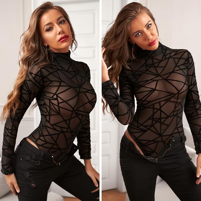 WinsGreat Women's Long Sleeve Sheer Sexy Sheer Black Bodysuit High Neck Leotard Jumpsuit All-in-One Innerwear Tops Slimming Breathable Elastic - BeesActive Australia