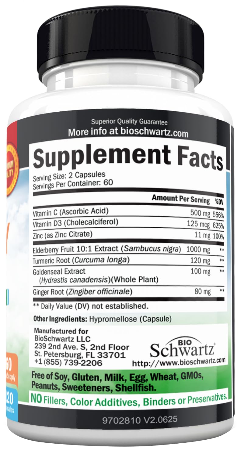 Immune Support Supplement with Zinc Elderberry Vitamin D 5000 IU, 120ct | Vitamin C, Turmeric, Ginger, Goldenseal Immunity Vitamins for Adults Women & Men - Gluten-Free, Non-GMO, Third Party Tested