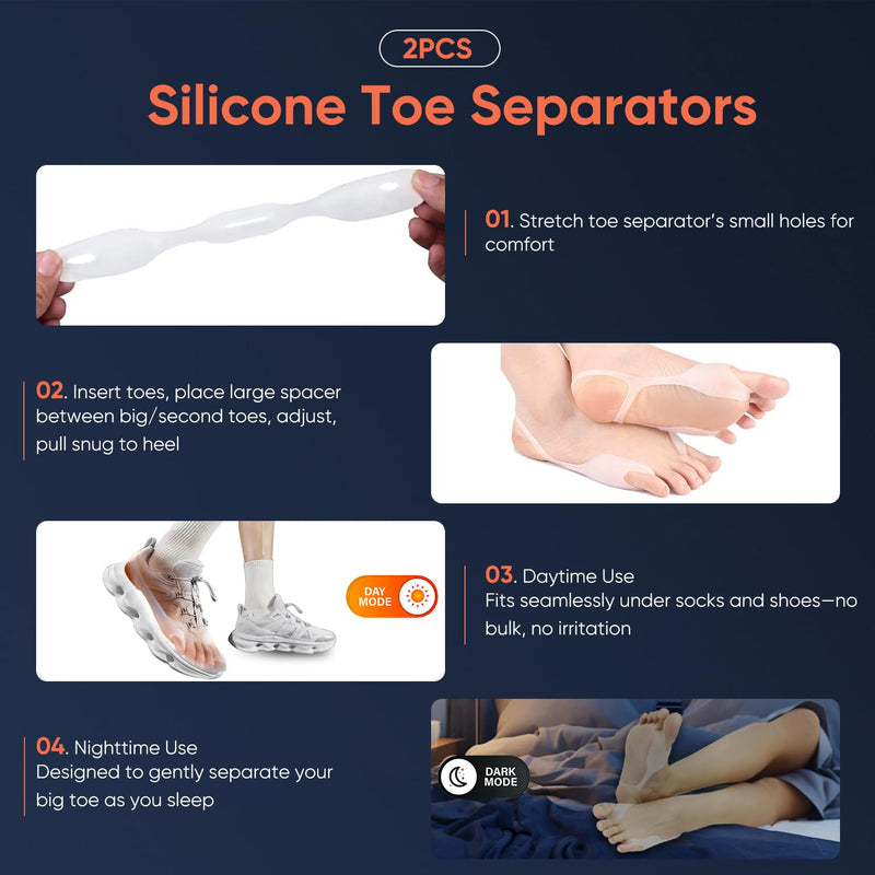 Bunion Corrector for Women & Men, Adjustable Knob Dual-Action Bunion Splint with Silicone Pad - Orthopedic Toe Straightener & Separator for Hallux Valgus Relief, Fits Left/Right Feet (Gray) Gray