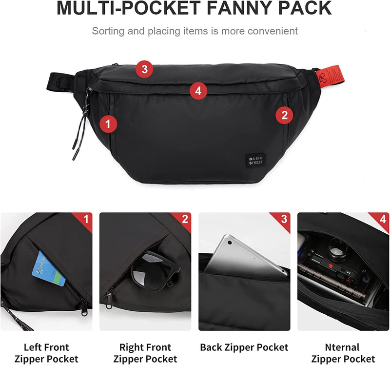 Large Crossbody Fanny Pack for Women Men,Water Resistant Waist Bag Pack with Adjustable Strap & 5-Zipper Pockets,Black B-Black(with 5 Zipper Pockets)