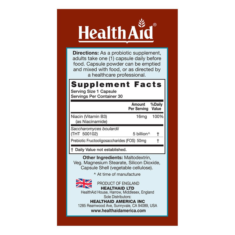Sacardi Saccharomyces Boulardii – Once-Daily with Vitamin B3 & FOS | 5 Billion CFU | 30 Vegan Tablets | Dairy-Free & Acid-Resistant