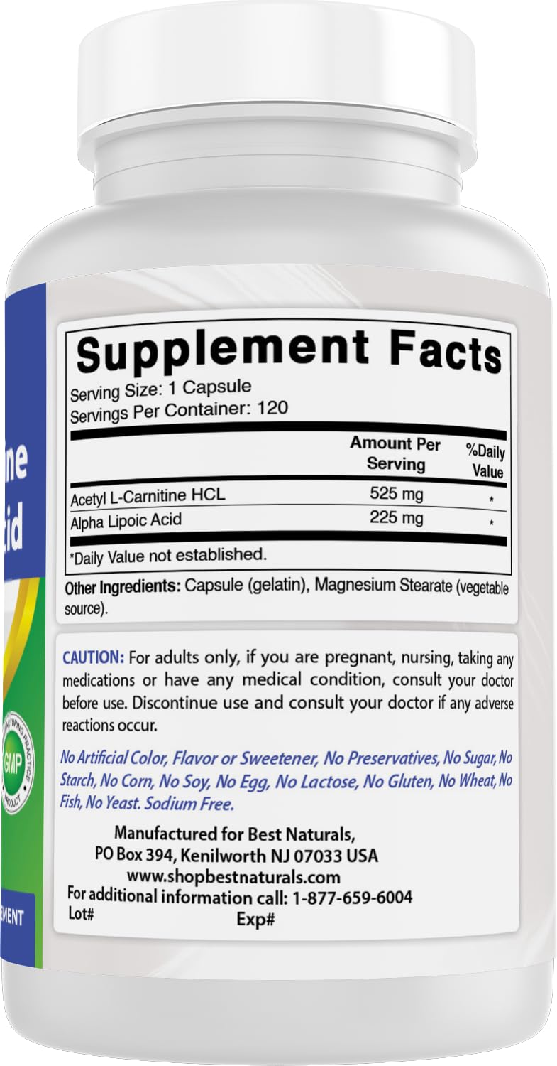Best Naturals Acetyl L-Carnitine and Alpha Lipoic Acid 750 mg 120 Capsules (120 Count (Pack of 2)) 120 Count (Pack of 2) - BeesActive Australia