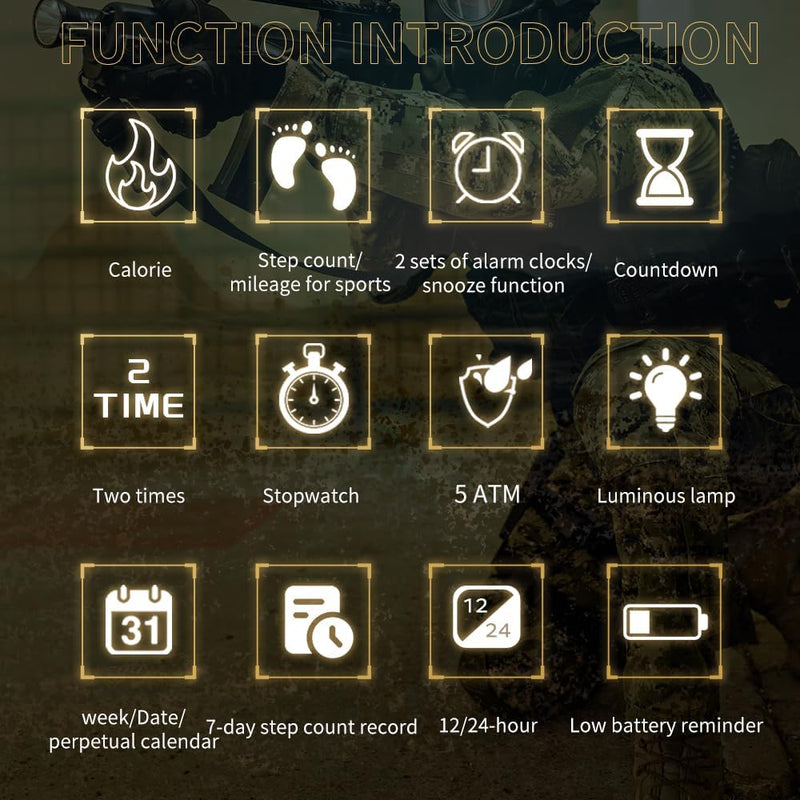 findtime Mens Digital Sport Watch Pedometer Step Counter Watches Military Minimalist Waterproof Tactical Outdoor Army Wrist Watch Dual Time Led Countdown Stopwatch Alarms Nylon Strap, No App Black