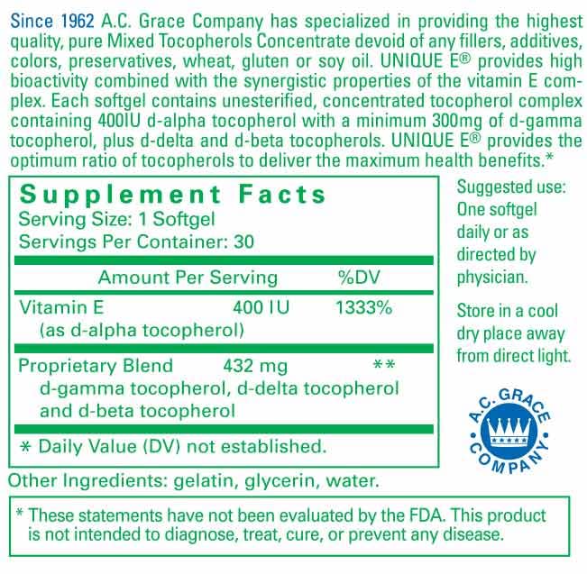UNIQUE E A.C. Grace Company, Mixed Tocopherols Concentrate Softgels, 30 Count 1 Count (Pack of 1) - BeesActive Australia