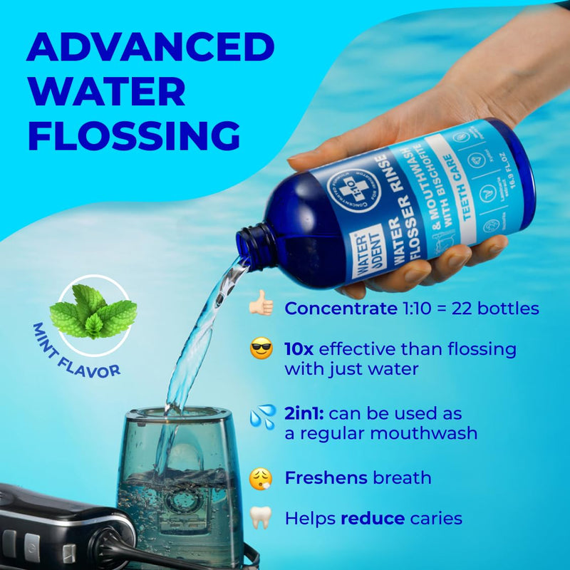 Concentrated Water flosser Rinse & Mouthwash | Add to Oral irrigator | Mint Flavor | When dilluted 186 fl.oz | Alcohol and Fluoride Free| Pack of 1 = 16.9 fl.oz WATER DENT 16.9 Fl Oz (Pack of 1) - BeesActive Australia
