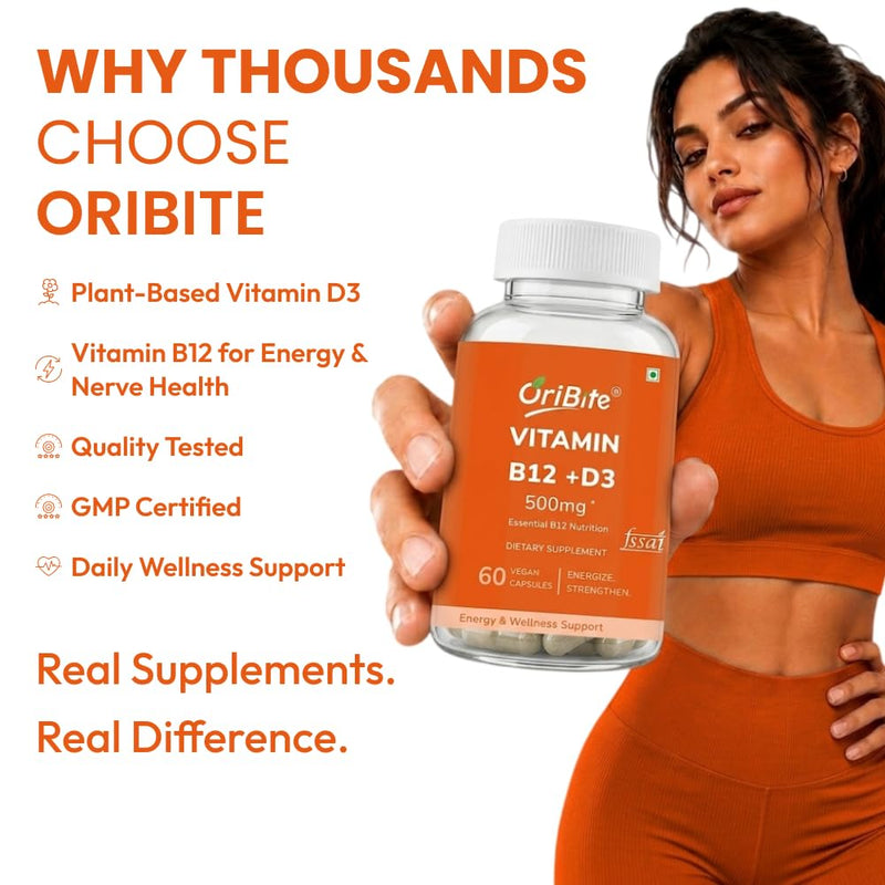 Vitamin B12 + D3 Supplement – Supports Red Blood Cell Formation, Energy Levels, Nerve Health & Immune Function | 500mg Per Serving | with Alfalfa & Spinach Powder | Vegan Capsules | 60 Count