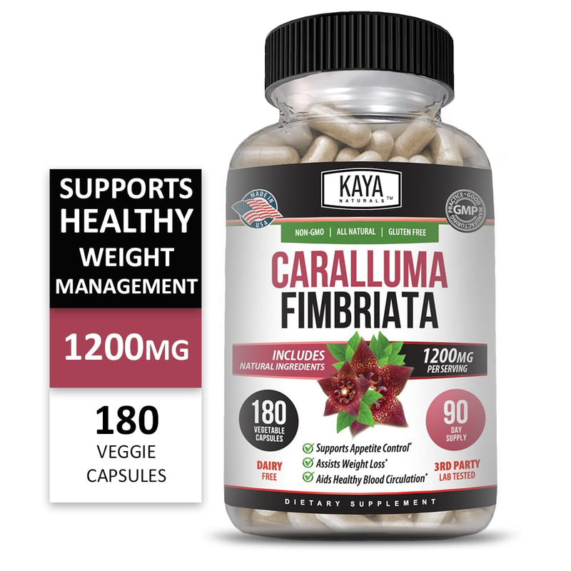 Kaya Naturals - Caralluma Fimbriata 1200mg High Potency Supplement | Maximum Strength Natural Endurance Support, Vegetarian Capsules (180 Count) 180 Count (Pack of 1)
