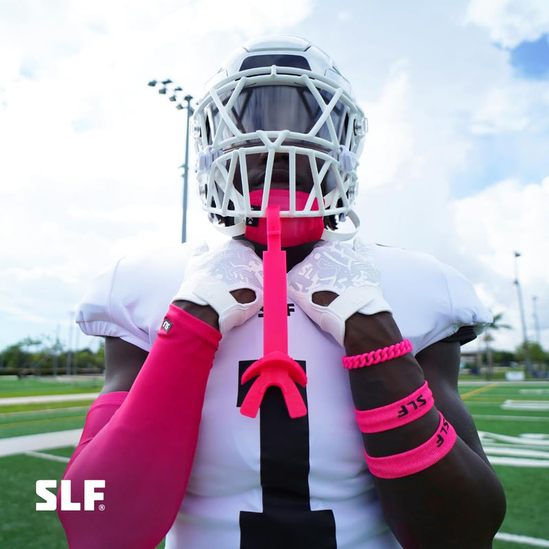 SLEEFS X Football Mouth Guard - Lip/Mouthguard with Helmet Strap - Lip/Teeth Protector Mouthpiece - Moldable - for Youth, Men & Women. Maximum Air Flow. All Sports (Pink) Pink - BeesActive Australia