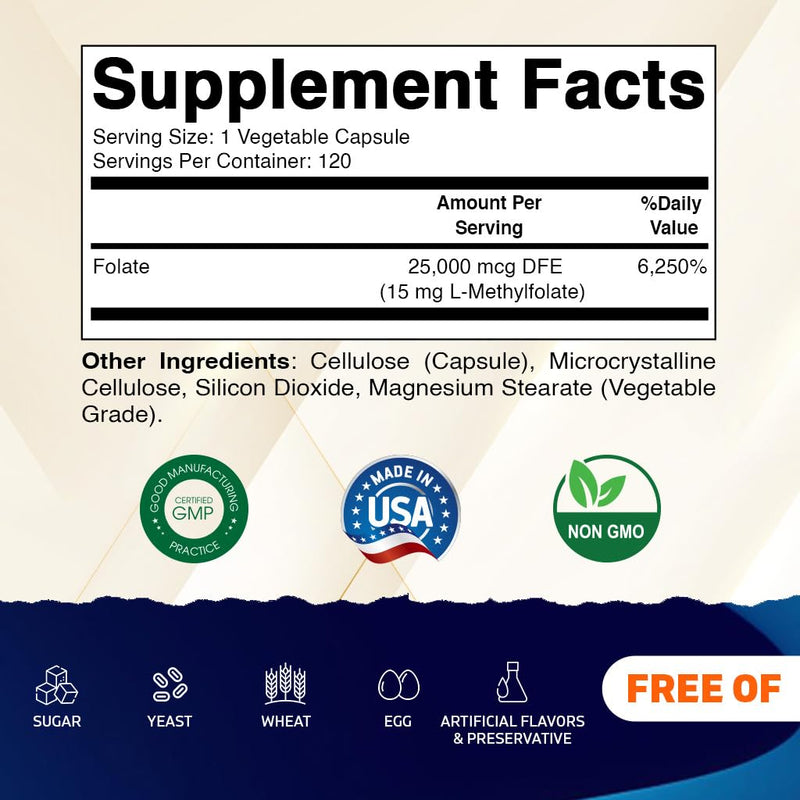 Vitamatic Methyl Folate 15 mg, 120 Vegetarian Capsules - 2 Pack | Metabolically Active Form of 25000 mcg DFE Folate, Non GMO, Gluten Free, Made in USA