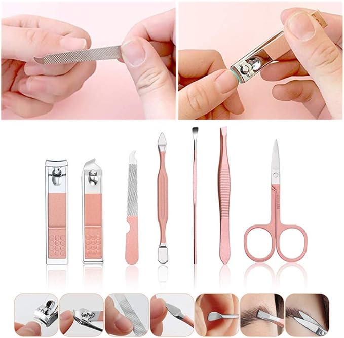 RuiChy Multifunctional Nail Clippers Set Manicure Set Professional Rose Gold Eyebrow Scissors Tweezers Nail File Nail Care Pedicure Grooming Kit with Case for Travel Use(8 Pcs) - BeesActive Australia