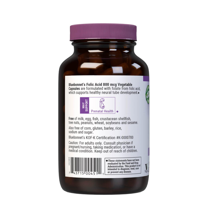 Bluebonnet Nutrition Folic Acid 800mcg, Healthy Neurological Development, Soy, Dairy & Gluten Free, Non-GMO, Kosher Certified, Vegan, Vegetable Capsules, 180 Count | Prenatal & Postnatal Health; Non-GMO, Vegan, Kosher Certified, Gluten-Free, Soy-Free, ...