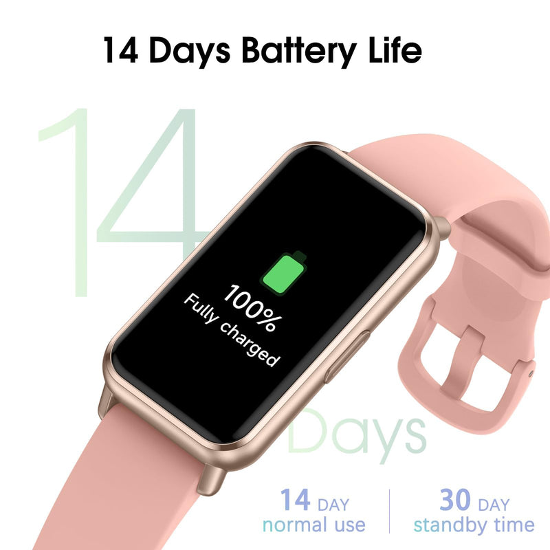 Long Battery Pedometer Watch 14 Days Battery Life, Slim Design No App/Phone Required Fitness Tracker, 50 Meters Waterproof Smart Watch, Heart Rate & Blood Oxygen Monitor Step Counter for Men Women Pink