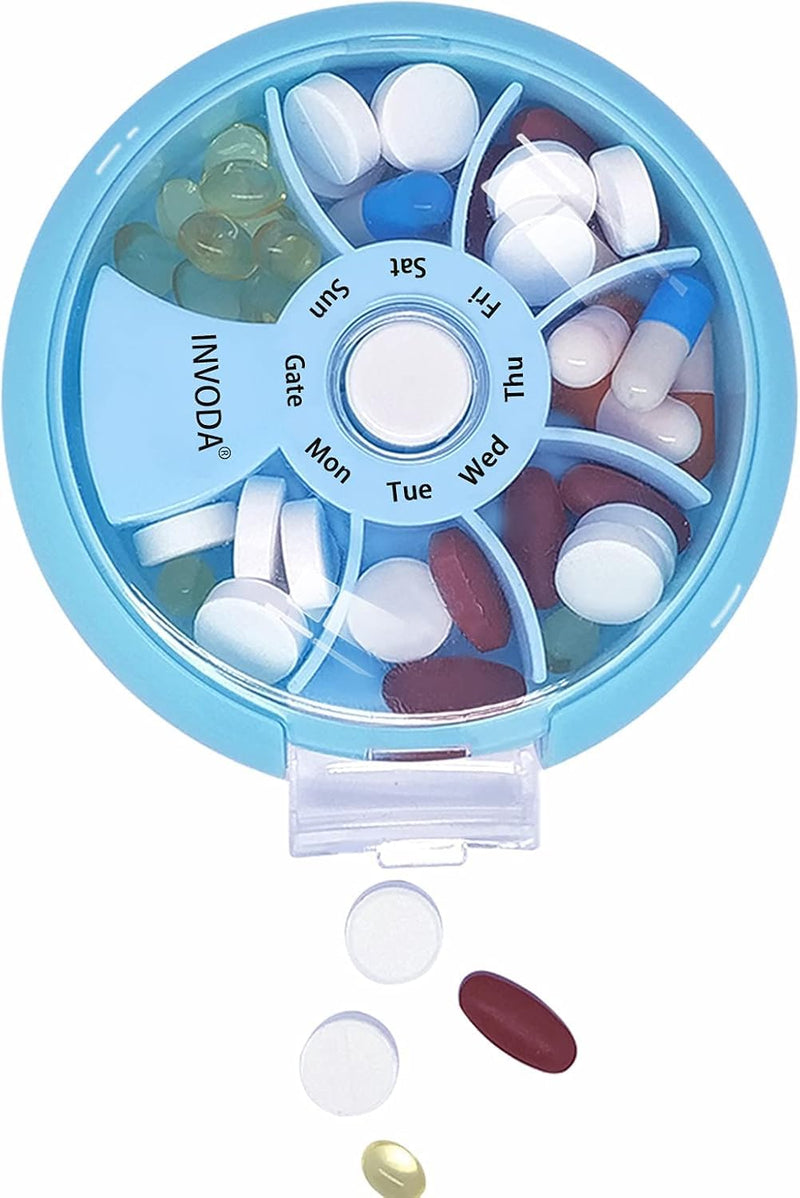 2PCS Portable Mini 7 Day Weekly Circular Shape Rotary Pill Storage Case Box | Small Pill Case Cute Pill Box 1 Time A Day for Pills Medication Supplements Vitamin Blue 2pcs