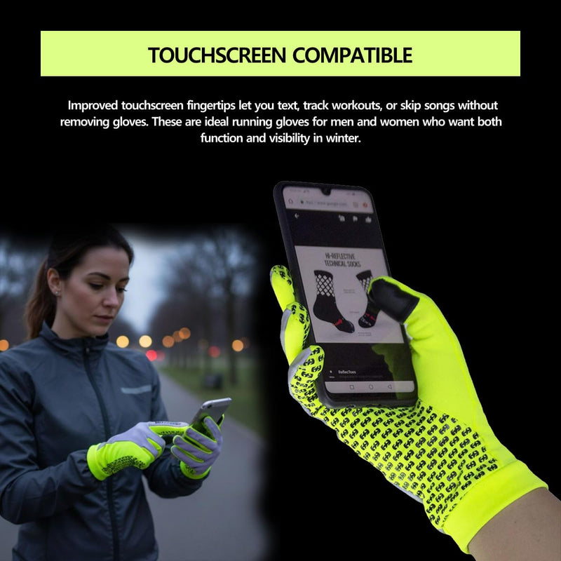 ReflecToes Reflective Winter Running Gloves - Touch Screen Compatible Warm Gloves -Thermal Fleece - Cold Weather Hi Vis Safety for Night Runs Yellow Medium
