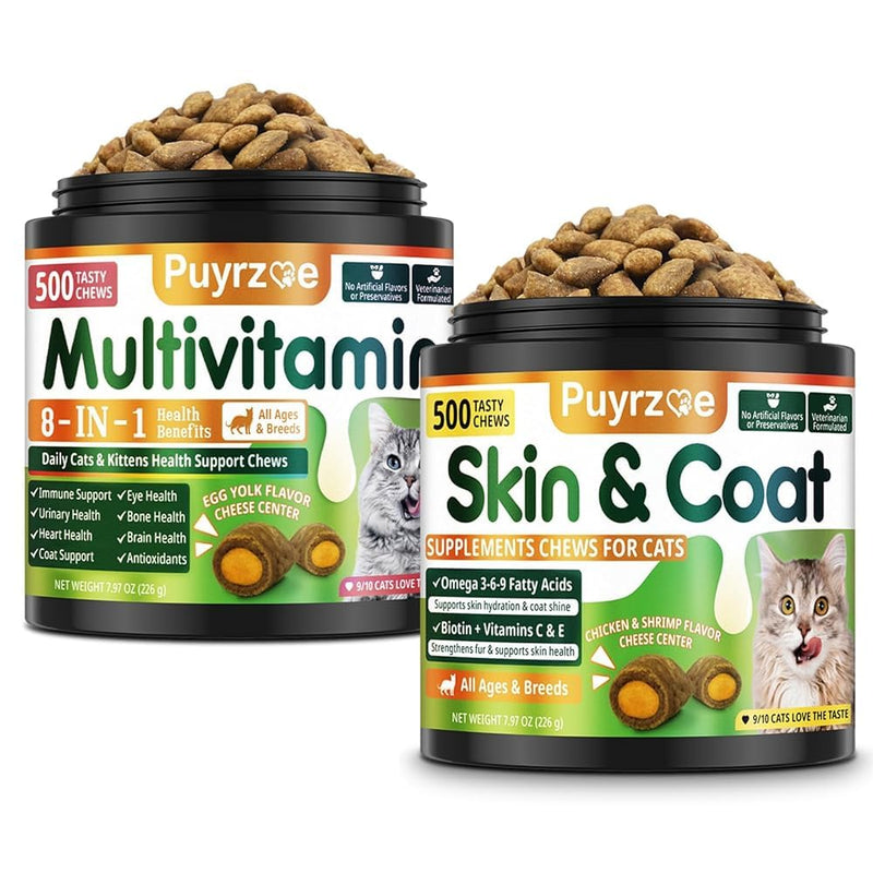Cat Skin & Coat + Multivitamin - 500 Chews Crunchy & Creamy Cheese Core with Omega-3, Vitamins C & E, Biotin for Healthy Coat - Immune,Eye, Brain, and Bone Support for All Cats