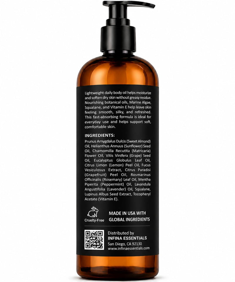 INFINA ESSENTIALS Botanical Body Oil for Dry Skin - 8 fl oz | After Shower, Lightweight Fast-Absorbing Daily Moisturizer with Marine Algae, Squalane & Vitamin E | Silky, Soft, Smooth Skin