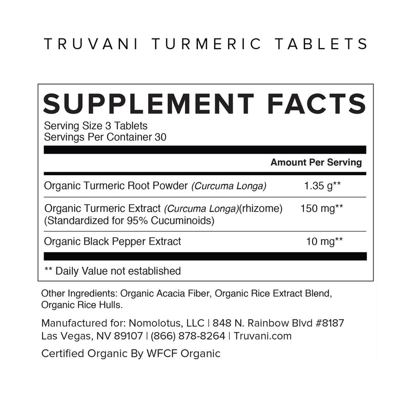Truvani Organic Turmeric Curcumin Tablets 1,350 mg Each - Natural Joint Support with Black Pepper for Absorption - 90 Tablets - BeesActive Australia