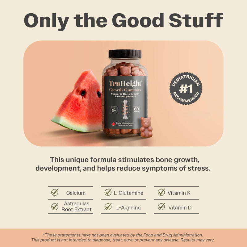 TruHeight Growth Gummies (Watermelon) Tall Nutrition for Natural Growth Supplement for Kids & Teens - Vitamin D, K, Calcium & Ashwagandha, Bone Strength Vitamins D3 K2, Picky Eater, Taller Ages 5+ 60 Count (Pack of 1) Watermelon