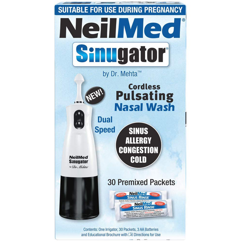 NeilMed Sinugator Cordless Pulsating Nasal Irrigator (Dual Speed) with 30 Premixed Packets and 3 AA Batteries - Black (Pack of 1) 34 Piece Set (Pack of 1)