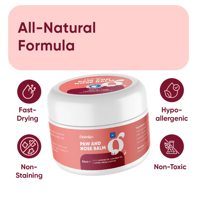 animigo Cat Paw & Nose Balm - 50ml - Snout Soother & Moisturiser - For Cracked Paws & Dry Noses - Cat Paw Balm with Almond, Extra Virgin Olive & Coconut Oil - Free from Parabens - Natural Paw Cleaner