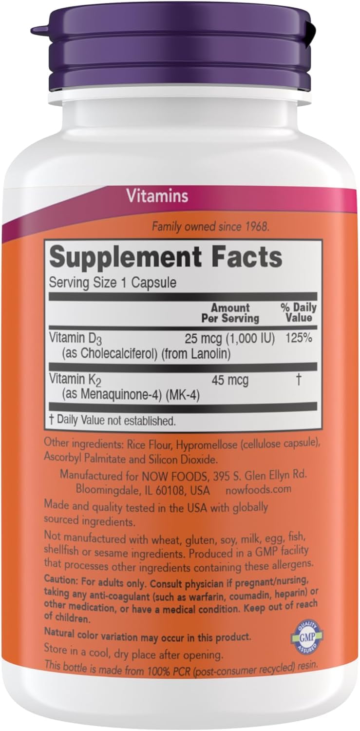 Now Supplements Vitamin D3 K2, 1,000 IU/45 mcg, Cardiovascular Support, Supports Bone Health, 180 Vegetarian Capsules - Vegan, Gluten Free, Kosher Vitamin D3 and K2 Supplements (2) 180 Count (Pack of 2)