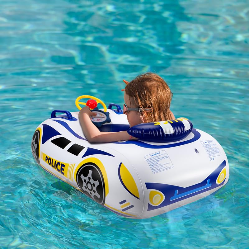 Baby Pool Float for Toddlers 12-48 Months 3D Car Inflatable Swim Float with Steering Wheel Heavy Duty 0.35mm PVC Infant Swim Pool Float Safe No Flip Swimming Toddler Floaties for Boys&Girls1-5 Years Blue&White