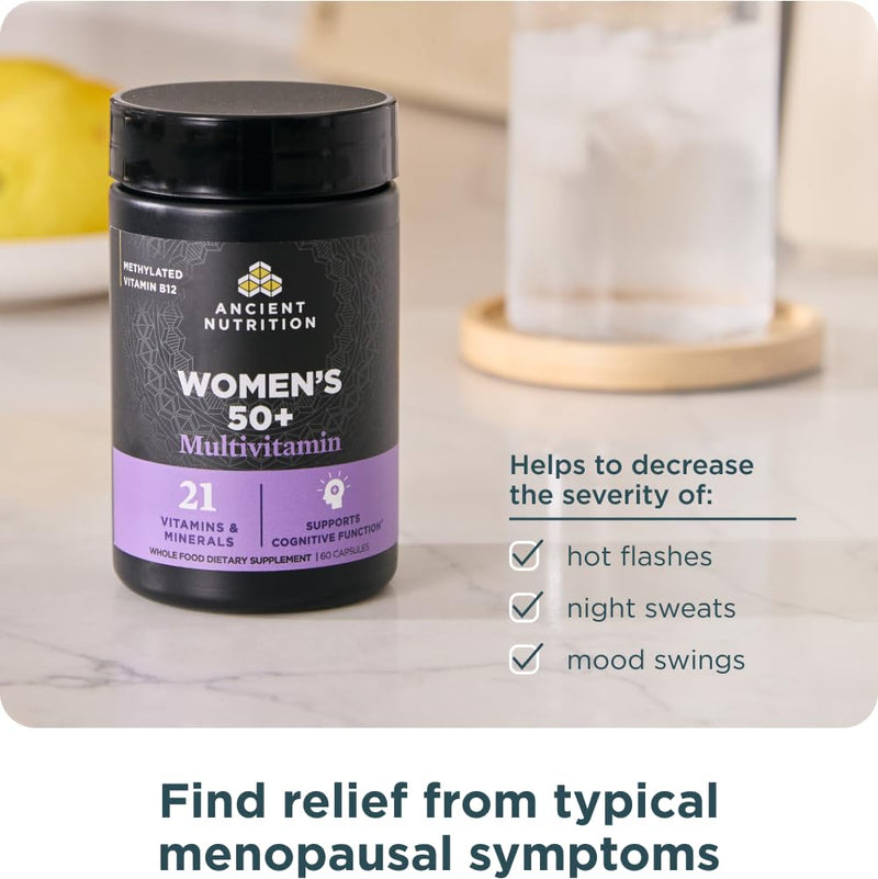 Ancient Nutrition Women’s 50+ Multivitamin, Menopause Support | Menopause Support for Hot Flashes, Sleep, Mood, Energy & Hormonal Balance + 21 Vitamins & Minerals, 30 Count