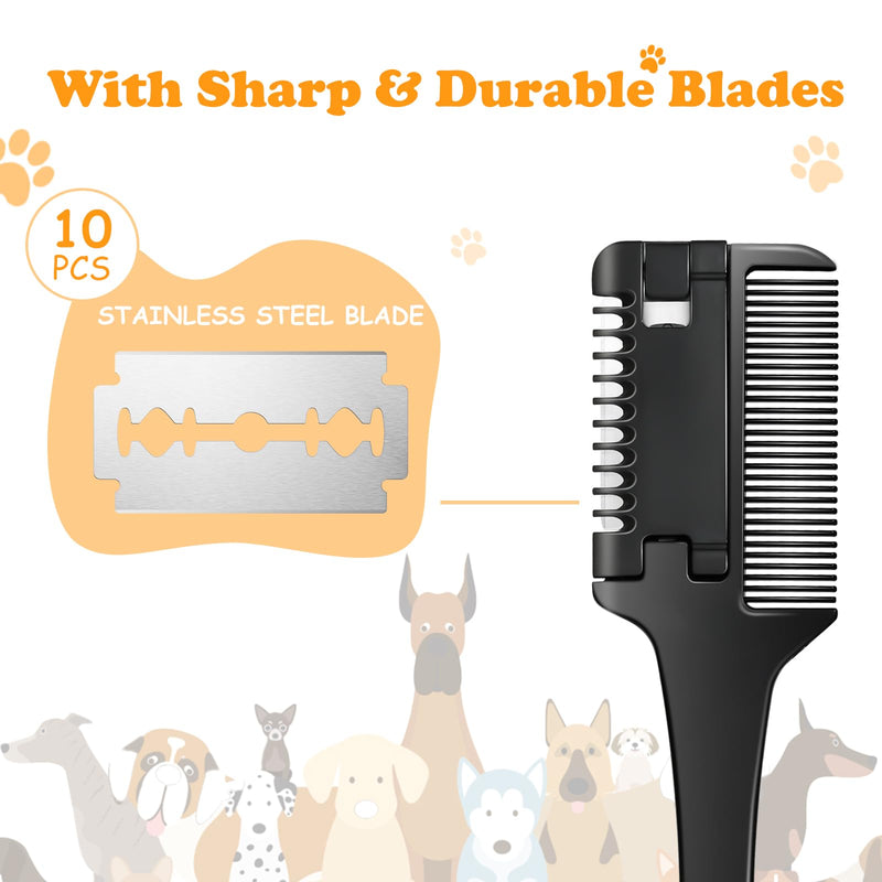 Razor Comb for Dogs Cats with 10 Pcs Extra Blades, Pet Razor Comb 2 in 1 | Trimming & Grooming, Dog Cat Brush that Cuts Hair, Hair Cutter Comb for Dog Cat, Pet Hair Trimmer Grooming Comb for Dog Cat - BeesActive Australia