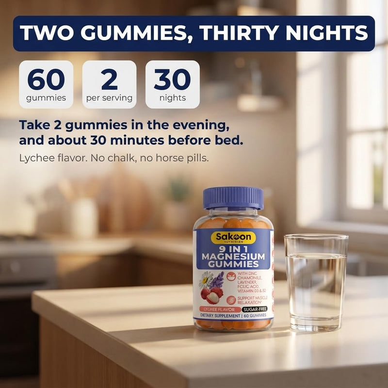 Sakoon Nutritions 9-in-1 Magnesium Glycinate Gummies 200mg | Sugar Free Magnesium Gummies for Women & Men with Zinc & Vitamin D3 | Lychee Flavor | Muscle & Stress Relief | Halal, Vegan | 60pcs