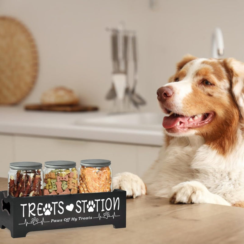 Dog Treat Container,Airtight Dog Food Storage Container with 3 Jars, Farmhouse Wood Dog Treat Jars, Pet Food Storage Containers for Dog, Cat or Small Animals(Black) - BeesActive Australia