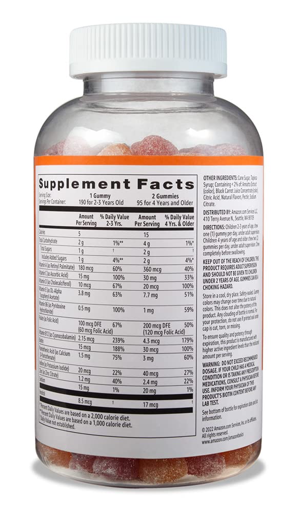 Amazon Basics Kids' Multivitamin, 190 Gummies, Orange, Cherry & Strawberry (Previously Solimo) 190 Count (Pack of 1)
