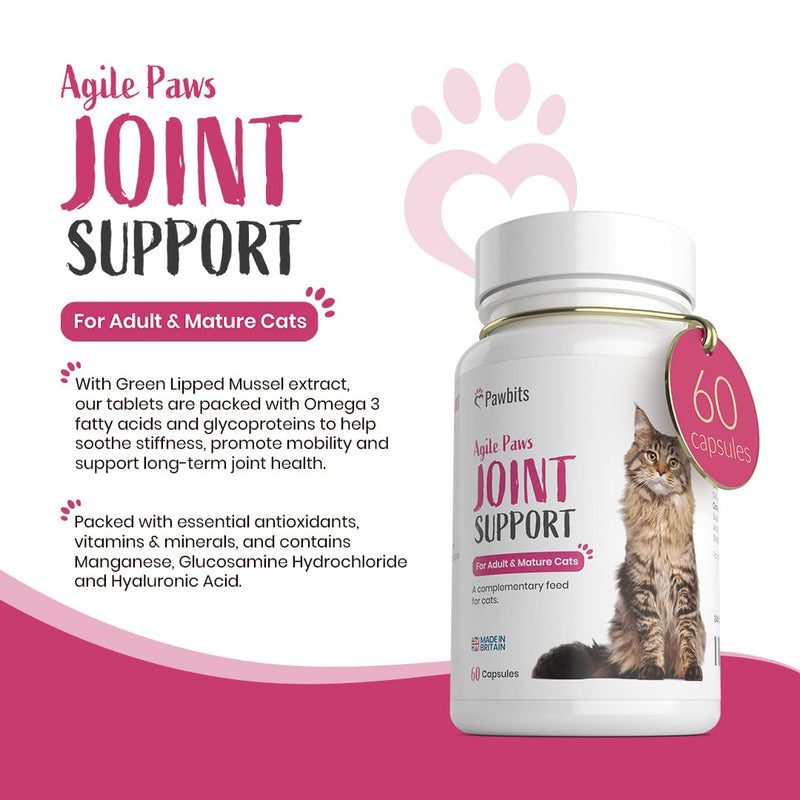 60 Pawbits Joint Support for Cats Tablets for Stiff & Mature Adult Cats Anti-Inflammatory Relief Supplements, Green Lipped Mussel, Glucosamine & Hyaluronic Acid Sprinkle Capsules (60) 60 Tablets