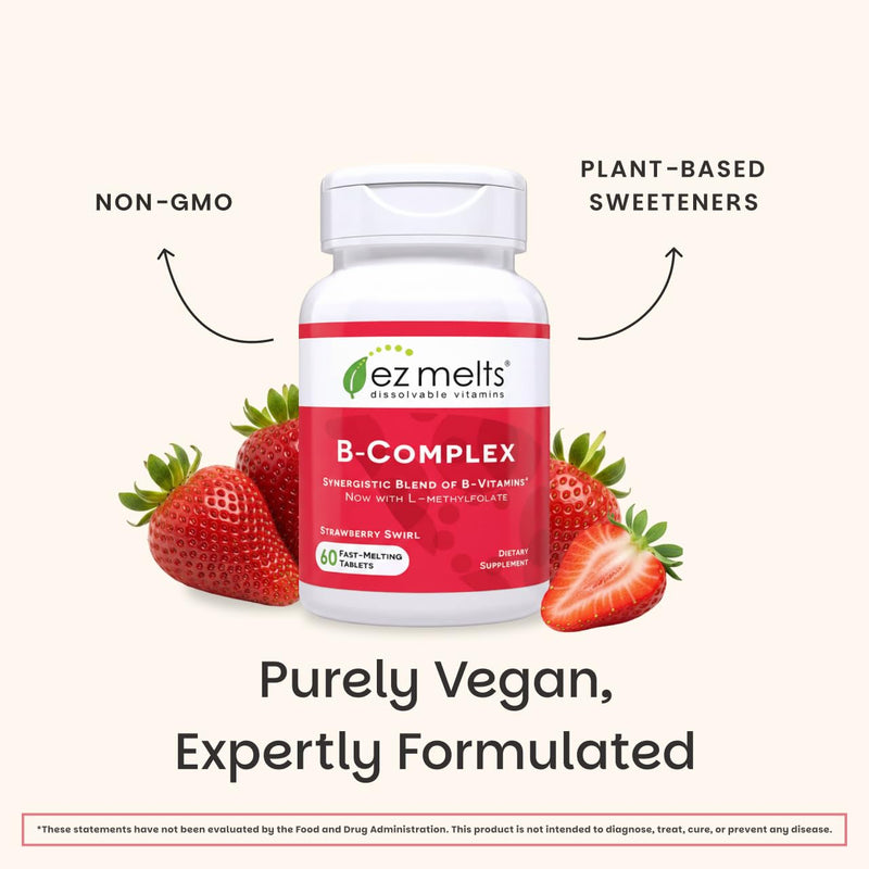 EZ Melts Dissolvable B-Complex - Vitamin B Complex - Provides Energy Metabolism & Heart Health Support - with Methylated B12 & Folate - Non-GMO & Vegan - Strawberry Swirl - 60 Tablets (60 Servings) 60 Count (Pack of 1)