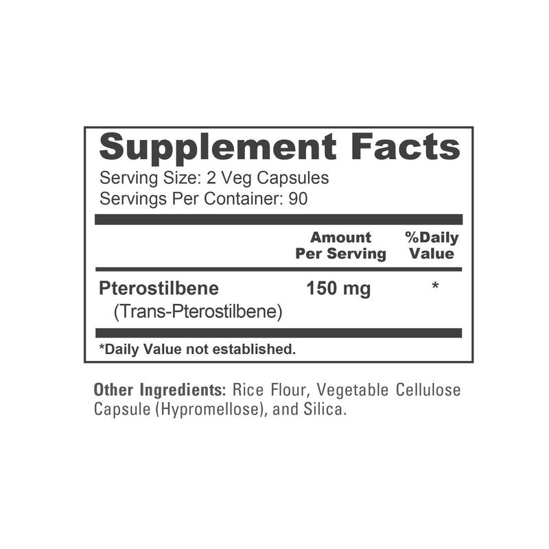 Pterostilbene, Non-GMO, Vegan, 150mg, 180 Veggie Capsules - 90 Servings | Dietary Supplement, Plant Based Formulation, Suitable for Adults, Manufactured in cGMP Registered Facility USA