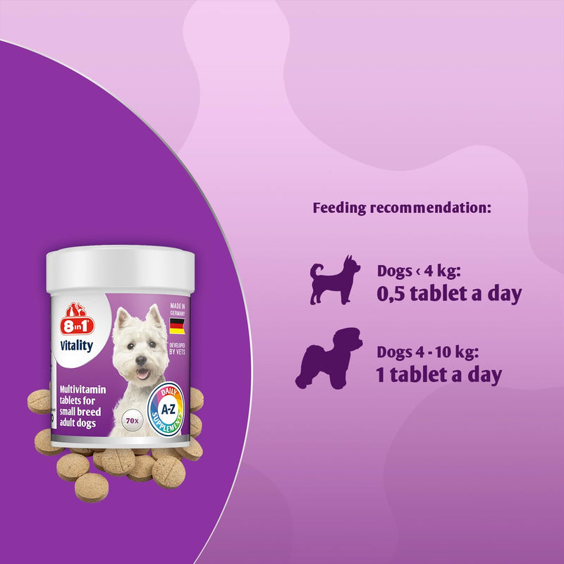 Small Breed Dog Multivitamins Nutritional Supplement - 12 multivitamins and essential minerals - 70 tablets - for active lifestyle and immunity